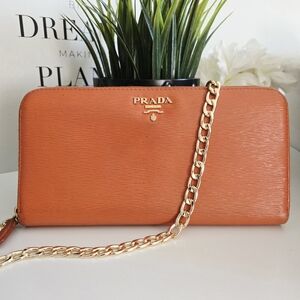 Authentic PRADA Vitello Zip‎ Orange Gold Saffiano Leather Wallet WOC Clutch